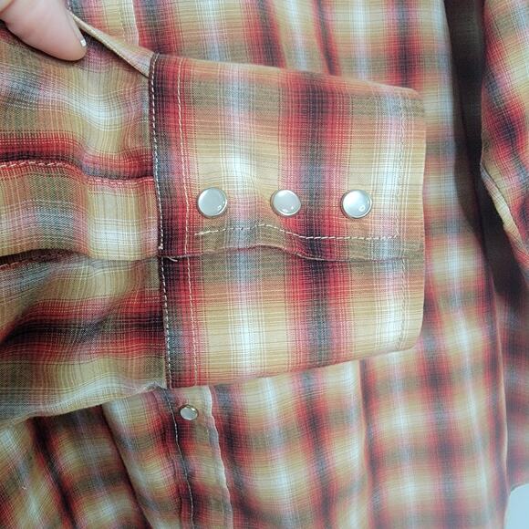 Plains Pearl Snap Western Long Sleeve Shirt Mens Sx XL Red Beige Plaid Rodeo - Picture 4 of 6